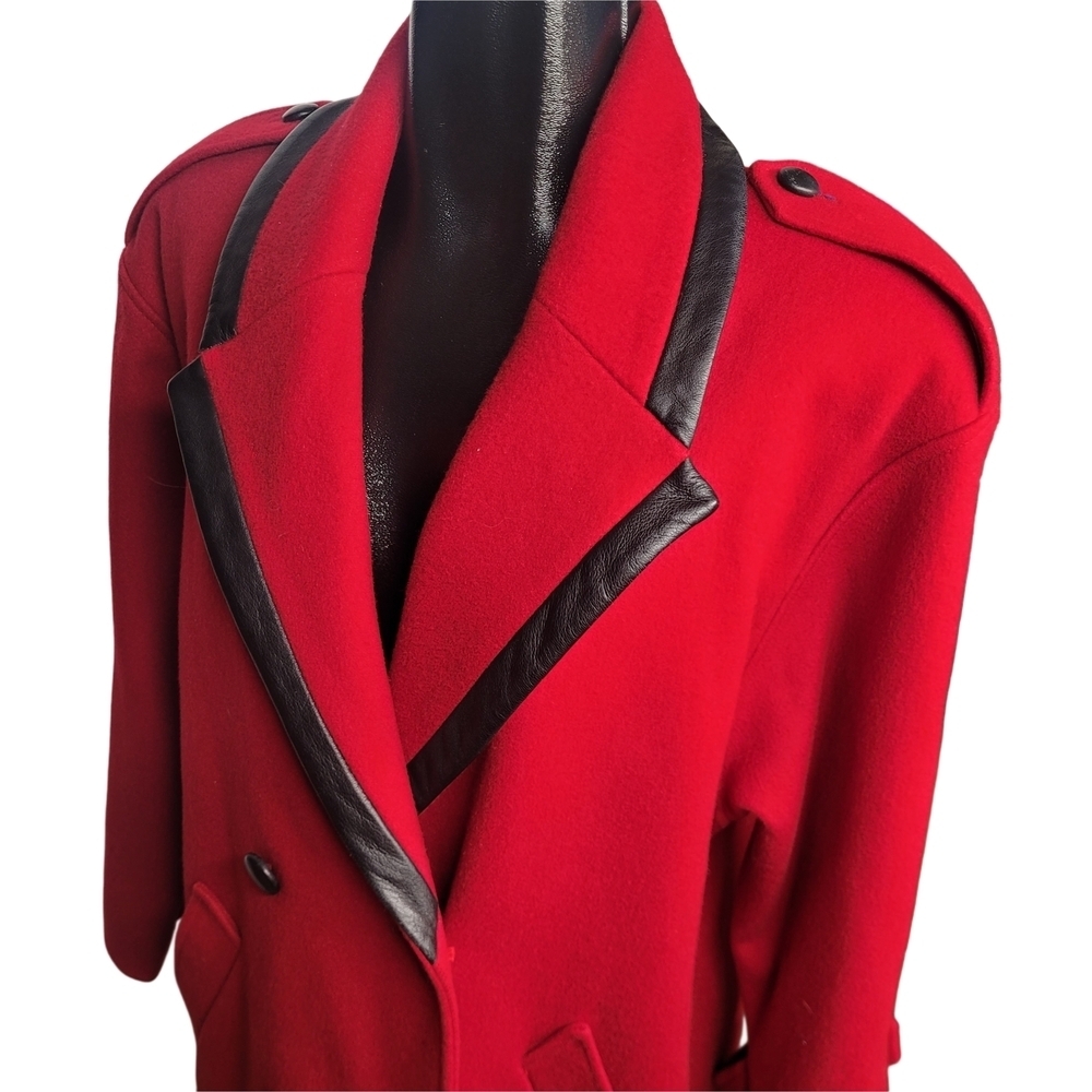 Vintage Red 100% Wool Double-Breasted Maxi Over Coat with Black Trim 6 - Picture 4 of 10